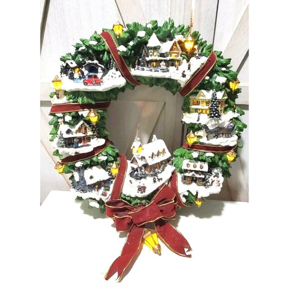 Thomas Kinkade Christmas Village Wreath, pre-owned, LED Lights Tested And Works - Picture 1 of 16